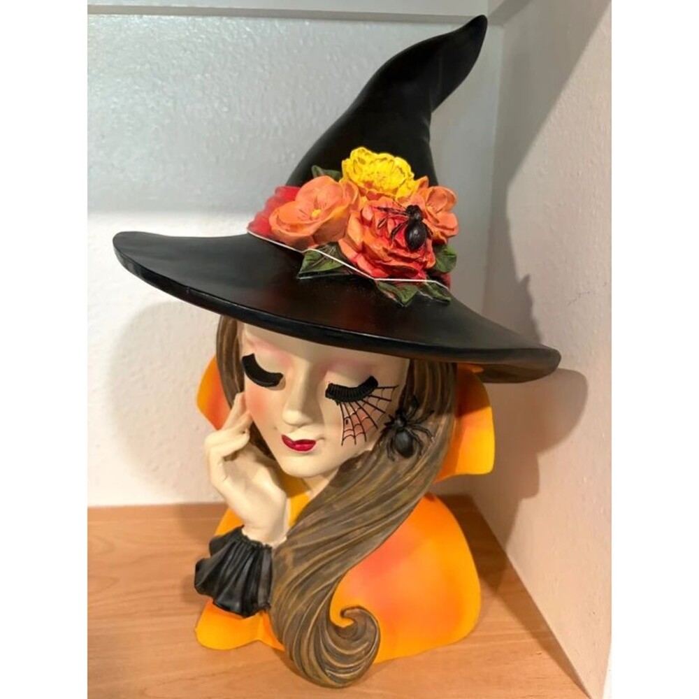 Halloween Witch Head Decor with Black Hat, Flowers & Spider NWT